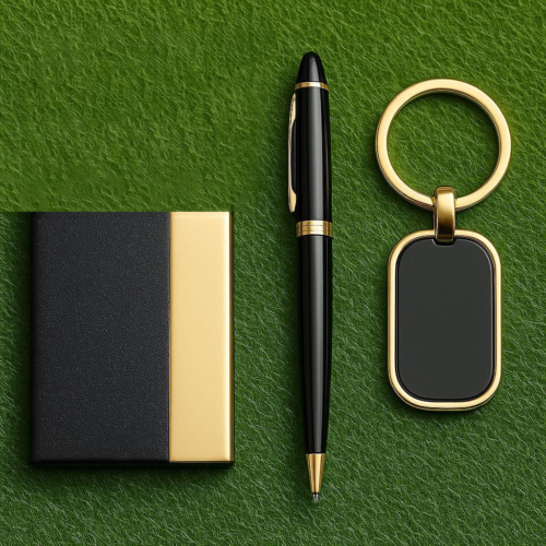 Luxury Black & Gold Gift Set – Card Holder, Pen & Keychain